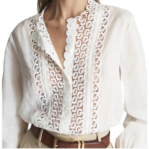 nwt REISS ellison lace panel linen blouse 2 ladder trim button down shirt XS new